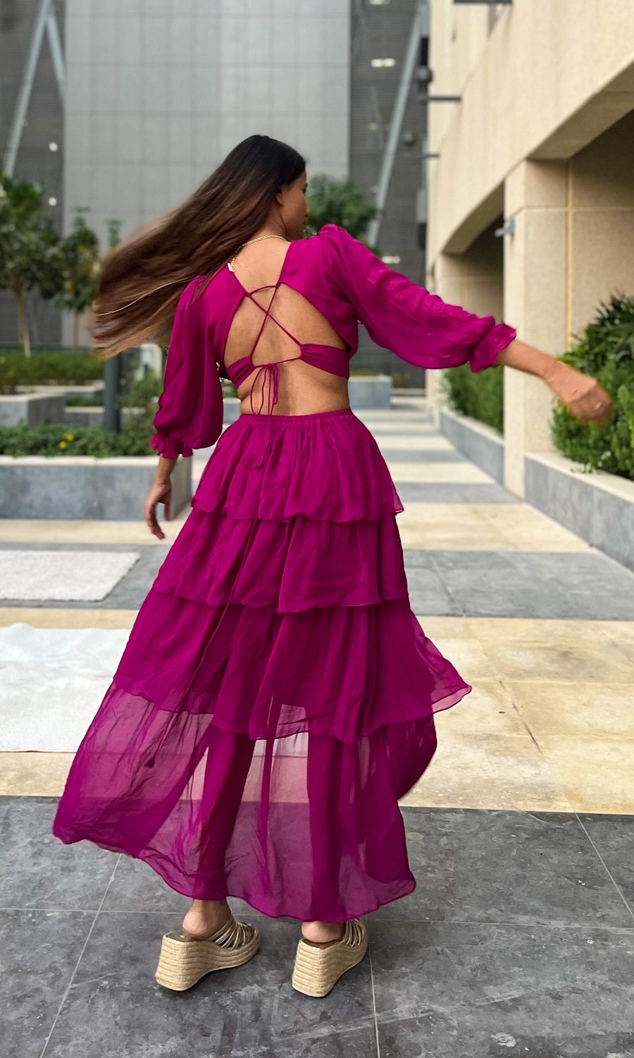 Fuchsia Ruffle Gown (With Pads)